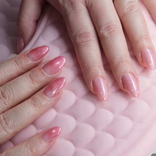 Roze glitternagels in amandelvorm